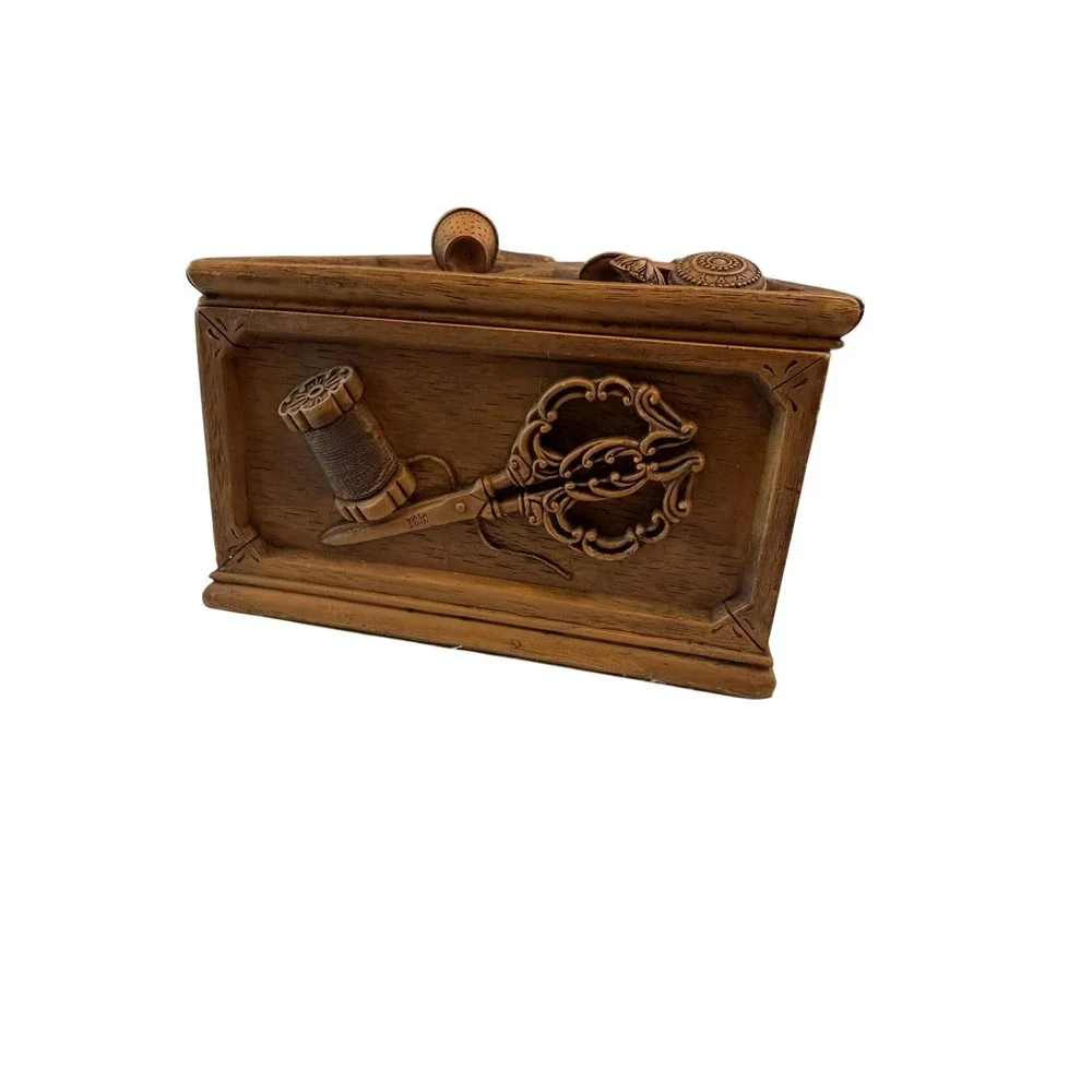 Vintage Wasa Resin Sewing Box Faux Wood Relief Carved Notions Organizer Chest